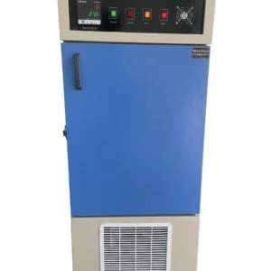 A laboratory B.O.D. incubator used for industrial and environmental testing, featuring a rectangular, insulated metal cabinet with a front-opening door. Inside, stainless steel shelves hold sample bottles for biochemical oxygen demand analysis. The unit includes a digital temperature control panel, typically set around 20°C, with internal air circulation for uniform cooling and heating. Commonly used in wastewater treatment plants, laboratories, and quality control facilities.”